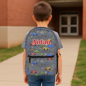 Personalized Cars Kids Backpack, Custom Name Boys School Bag with Race car Print, Preschool & Kindergarten Bookbag