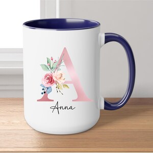 Initial Coffee Mug, Initial Mug, Customizable Mug, Monogram Mug, Floral Alphabet Mug, Personalized Flower Coffee Mug, Letter mug Navy