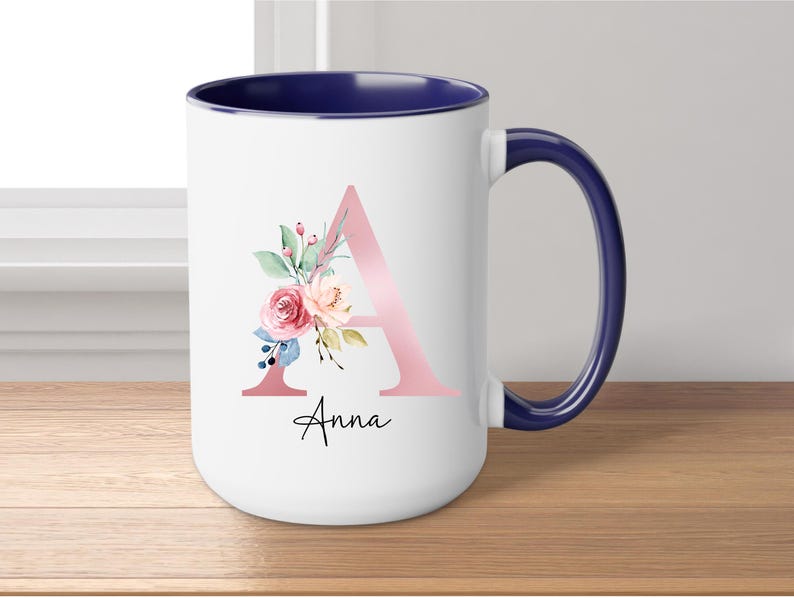 Initial Coffee Mug, Initial Mug, Customizable Mug, Monogram Mug, Floral Alphabet Mug, Personalized Flower Coffee Mug, Letter mug Navy