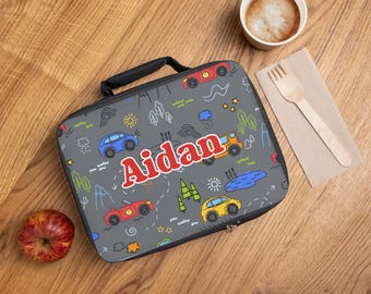 Personalized Cars Kids Lunch Box, Custom Name Insulated Boys Lunch Bag with Race car Print for School or Daycare