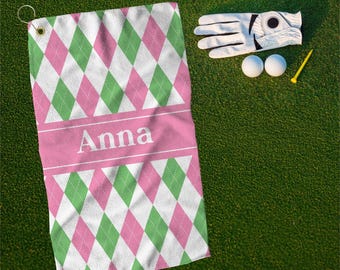 Golf Towel, Preppy Argyle Golf Towel, Custom Towel for Golf Lovers, Golf Accessories for Women, Monogrammed Golf Gear, Quick dry towel
