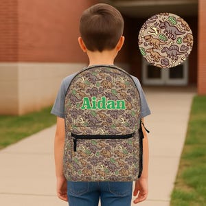 Personalized Dinosaur Kids Backpack, Custom Name Boys Backpack for School, T-Rex & Fossil Print Bookbag, Back to School Gift