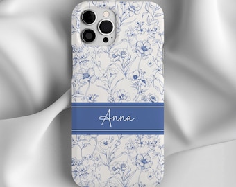 Blue Floral Chinoiserie Phone Case, Aesthetic Cottagecore, Elegant Customized Case, iPhone 17 16 15 Pro Max 14 13 12,Samsung S24 S23 S22
