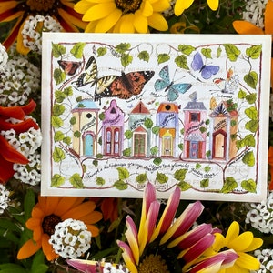 Sechs Schmetterling Familien Häuser Illustration Vintage Style Samen Paket