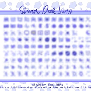 Peut inclure: Un téléchargement numérique de 117 icônes de deck de diffusion en violet et bleu. Les icônes sont affichées dans un format de grille sur un fond blanc. "Streak Deck Icons" et "117 stream deck icons" sont écrits en violet en haut et en bas de l'image. "Ceci est un téléchargement numérique, aucun remboursement ne sera accordé en raison de la nature de cet article :)" est écrit en violet en bas de l'image.