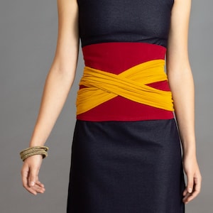 Burgundy & Mustard. Dual-color Obi-Belt for Women. Waist Belt, Cotton Belt, Wrap Belt, Sash Belt, Wide Belt image 1