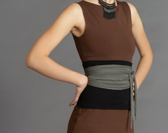 Black & Olive Grey. Dual-color Obi-Belt for Women. Waist Belt, Cotton Belt, Wrap Belt, Sash Belt, Wide Belt