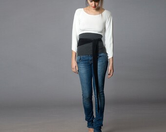 Heather Grey & Black. Dual-color Obi-Belt for Women. Waist Belt, Cotton Belt, Wrap Belt, Sash Belt, Wide Belt