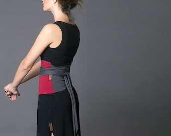 Burgundy & Grey. Dual-color Obi-Belt for Women. Waist Belt, Cotton Belt, Wrap Belt, Sash Belt, Wide Belt