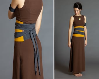 Mustard & Grey. Dual-color Obi-Belt for Women. Waist Belt, Cotton Belt, Wrap Belt, Sash Belt, Wide Belt