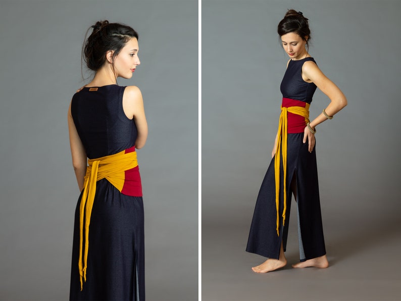 Burgundy & Mustard. Dual-color Obi-Belt for Women. Waist Belt, Cotton Belt, Wrap Belt, Sash Belt, Wide Belt image 2