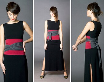 Burgundy & Grey. Dual-color Obi-Belt for Women. Waist Belt, Cotton Belt, Wrap Belt, Sash Belt, Wide Belt