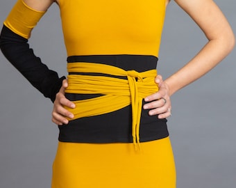 Black & Mustard. Dual-color Obi-Belt for Women. Waist Belt, Cotton Belt, Wrap Belt, Sash Belt, Wide Belt