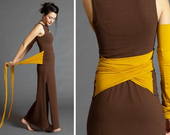 Brown & Mustard. Dual-color Obi-Belt for Women. Waist Belt, Cotton Belt, Wrap Belt, Sash Belt, Wide Belt