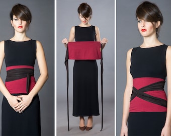 Burgundy & Black. Dual-color Obi-Belt for Women. Waist Belt, Cotton Belt, Wrap Belt, Sash Belt, Wide Belt