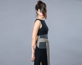 Heather Grey & Mocha. Dual-color Obi-Belt for Women. Waist Belt, Cotton Belt, Wrap Belt, Sash Belt, Wide Belt