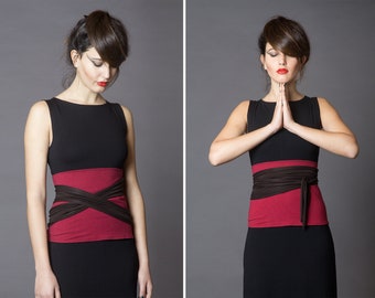 Burgundy & Black. Dual-color Obi-Belt for Women. Waist Belt, Cotton Belt, Wrap Belt, Sash Belt, Wide Belt