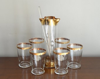 Vintage Martini Pitcher Set of Six Glasses Gold Band Mid Century Mad Men Hollywood Regency Barware Cocktail Glasses Holiday Entertaining