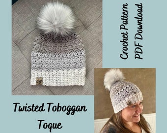 Crochet Beanie Pattern / Twisted Toboggan Toque / Boho Chic Crochet Beanie / Beanie with Pom / Crochet PDF Pattern / Digital Download