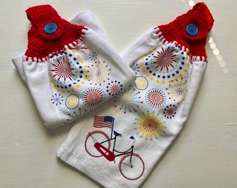 Patriotic Hanging Towel, Bikes, Crochet Towel Topper, Hanging Tea Towel, Oven Towel