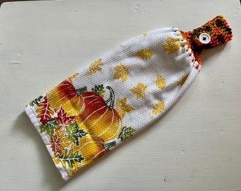 Hanging Towel, Fall Pumpkins with Fall Leaves, Crochet Towel Topper, Hanging Tea Towel, Oven Towel