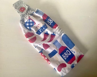 Hanging Towel, BBQ, Barbecue, Red White Blue, 4th of July, Summer, Crochet Towel Topper, Hanging Tea Towel, Oven Towel