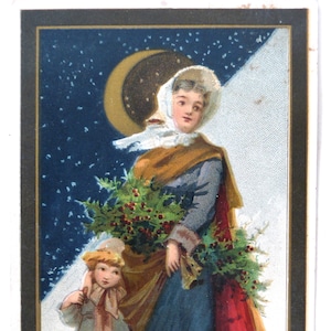 Arbuckles Jav Ocha Coffee Prang antique Victorian advertising Christmas large trade card lady girl moon holly bonnet snow lithograph