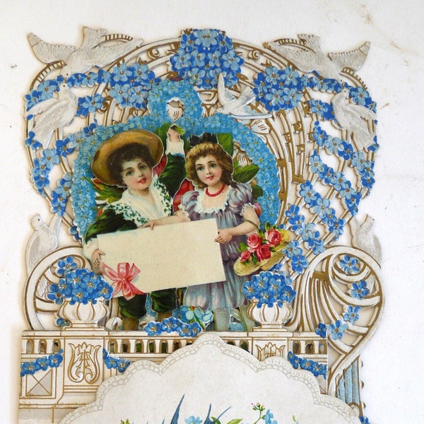 Large antique Victorian Valentine card Fold out die cut embossed gilt honeycomb pop up blue floral bird girl dove hat