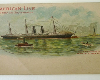 American Line NY Southampton SS Philadelphia antique Victorian advertising postcard Statue Liberty privite mailing 1905 ship ephemera paper