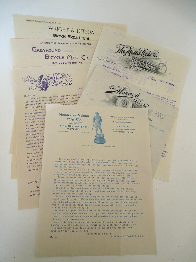 6 letterheads bicycle companies 1800 Monarch Hendee Nelson Mead Cycle Bearings Cycling Authority Wright Ditson Greyhound advertising