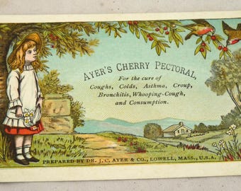 Ayers Cherry Pectoral Lowell MA Victorian advertising trade card girl birds patent medicine