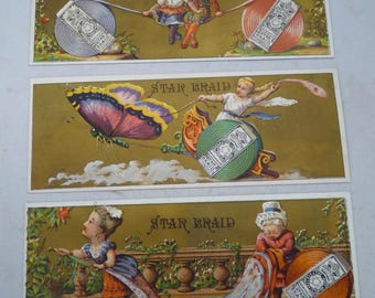 3 Antique Victorian trade cards Star Braid Fleisher Philadelphia sewing trim