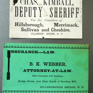 2 antique advertising business trade cards Hillsborough Bridge NH ephemera Colby Kimball Webber sheriff lawyer