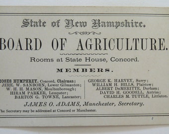 New Hampshire Board Agriculture antique business card Adams Manchester Humphrey Sanborn Mason Towne Harvey Hills Demeritte Goodell Tuttle