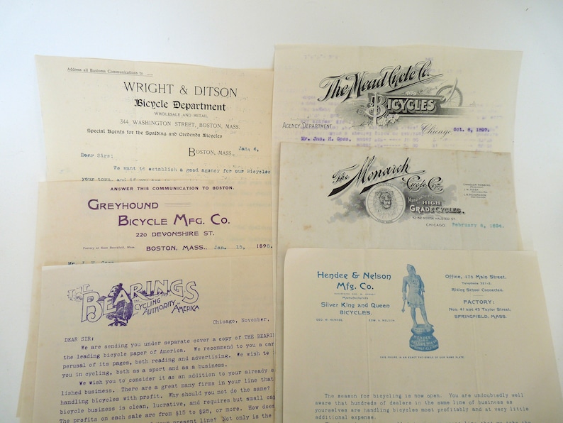 6 letterheads bicycle companies 1800 Monarch Hendee Nelson Mead Cycle Bearings Cycling Authority Wright Ditson Greyhound advertising