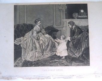 First Step Victorian engraving art print DeJonghe Victorian 1800 ladys child