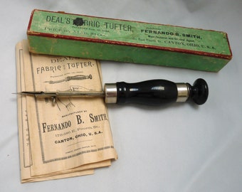 Antique Fernando Smith Canton OH fabric tufter catalog price list advertising box tool rug latch hook