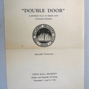Vintage play bill"Double Door Belmont MA Dramatic Club 1934 theatre program ephemera