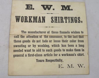 E W M Workman Shirtings antique Victorian advertising business trade card textile fabric flannel finishing fulling