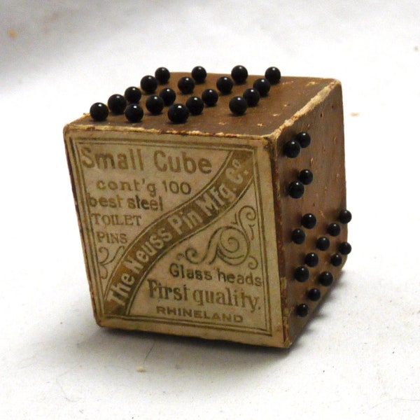 Antique Victorian Neuss Pin Germany advertising sewing pin cube black gilt label