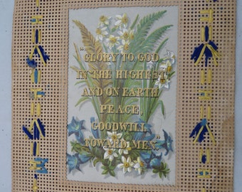 Antique Victorian berlin work greeting card gilt floral Easter hand worked punch paper