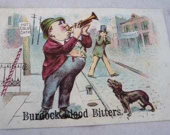 Burdock Bitters Victorian trade card Trade Card comic trumpet dog man invalid ladies patent medicine