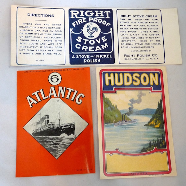 3 antique household labels broom Atlantic Hudson Right Polish stove cream advertising ephemera scrapbooking Victorian