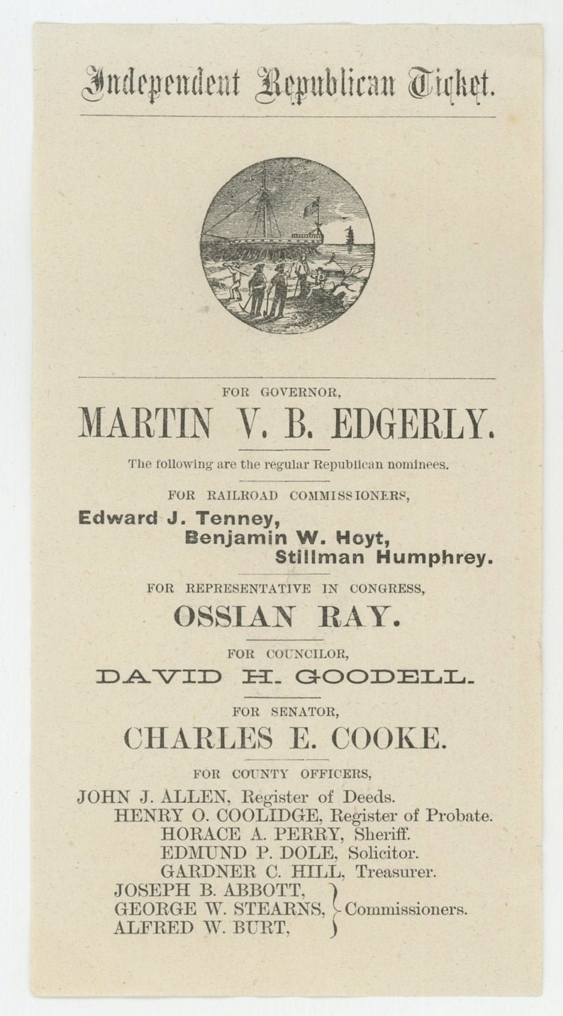 Antique United States political ballot Martin V B Edgerly Governor Independent Republican Ticket New Hampshire 1880s