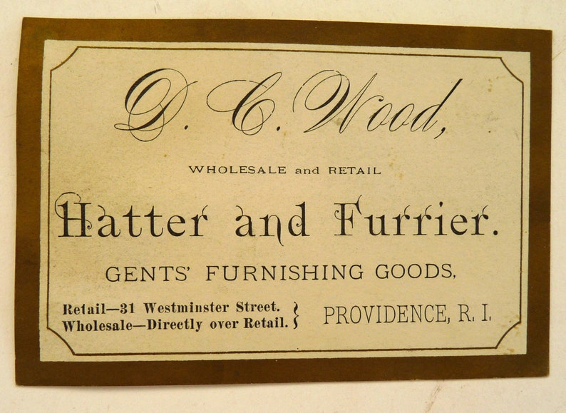 Wood providence RI Victorian business trade card hatter furrier men clothing paper ephemera