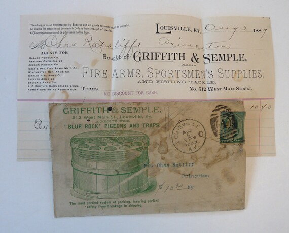 Griffith Semple Advertising Postal Cover Waybill Blue Rock Pigeons Traps  Shooting Louisville KY 1889 Antique Fishing Gun Sporting 