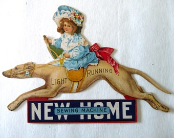 Antique New Home Sewing machine light running Victorian advertising trade card rae dog girl bonnet bow die cut ephemera paper