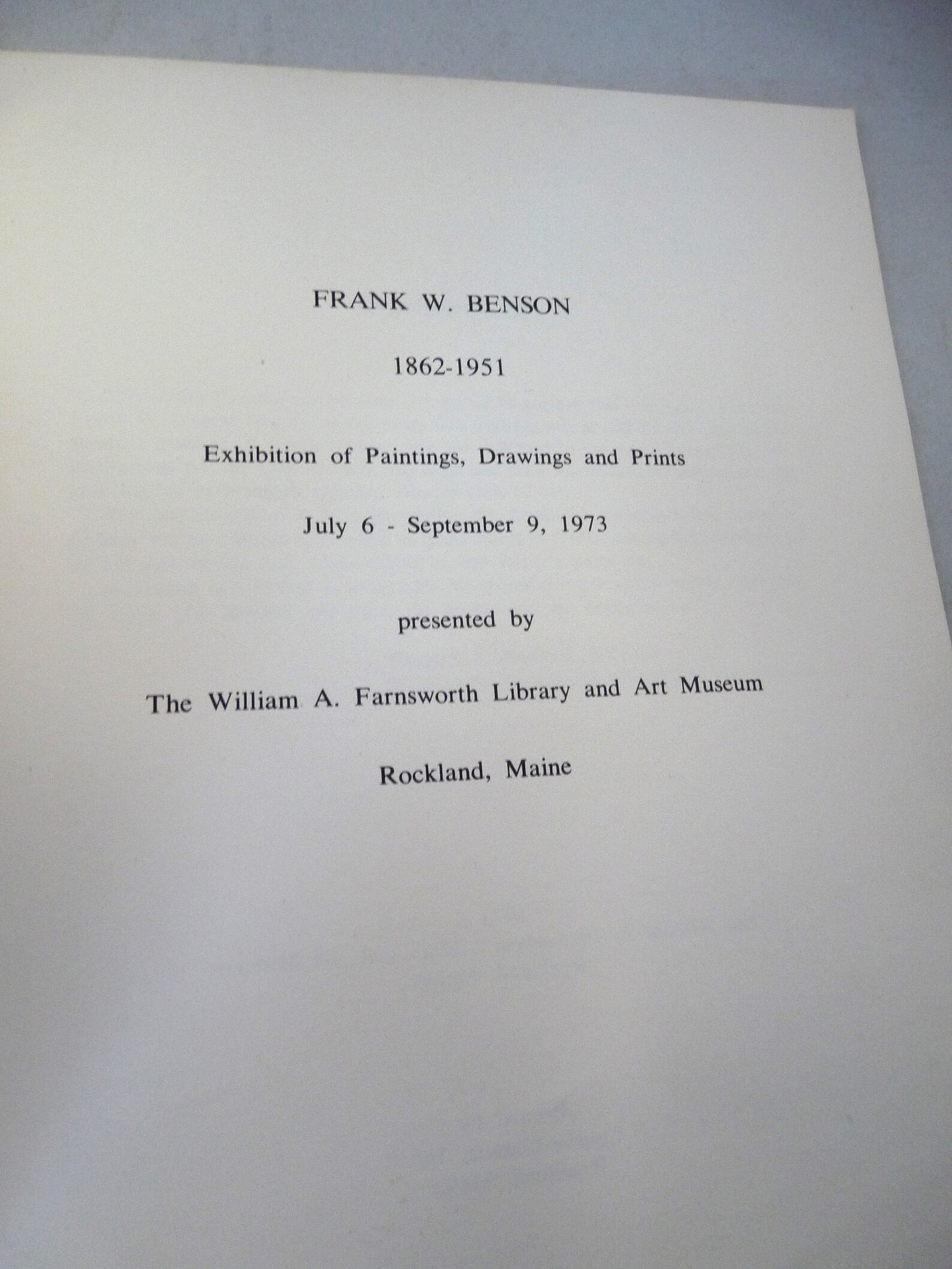 Frank Benson Exhibition Catalog Paintings Drawings Prints Farnsworth