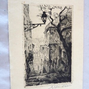 May include: Black and white etching of a narrow street in a city. The street is lined with buildings and a tree branches over the street. A street lamp is visible at the top of the street. The artist's signature, "greuze", is in the bottom right corner.