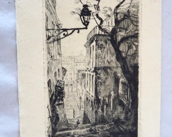 Vintage Christmas card etching signed old world lantern Biggs